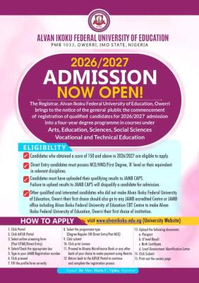 Alvan Ikoku Federal University of Education Post-UTME/DE 2026: Cut-off mark, Eligibility and Registration Details