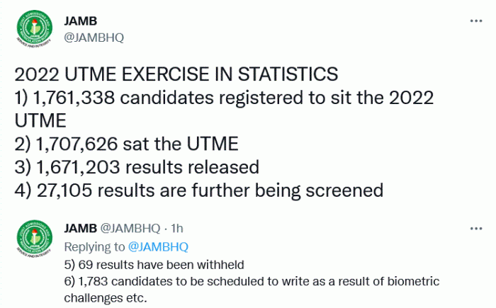 JAMB releases update on 2022 UTME results, biometric issues