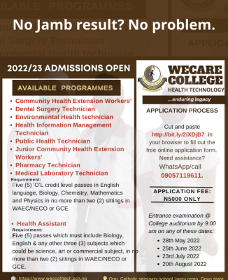 Wecare College of Health Technology Admission, 2022/2023