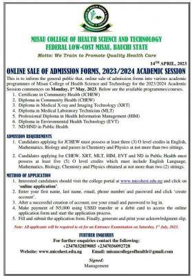 Misau College of Health Science and Technology admission form, 2023/2024