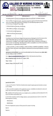 College of Nursing Sciences, Maiduguri releases Post-UTME Admission form, 2026/2027
