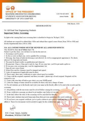 UNIUYO Engineering Students’ Association notice to final year students on screening deadline