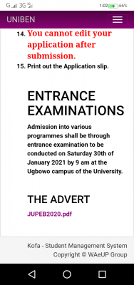 UNIBEN JUPEB Pre-degree new entrance exam date, 2020/2021