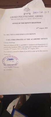 Gboko Polytechnic notice to NDII & HNDII students