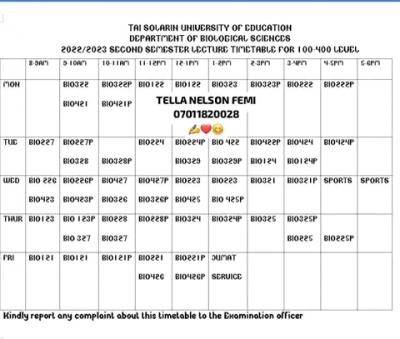 TASUED second semester lecture timetable, 2022/2023 session