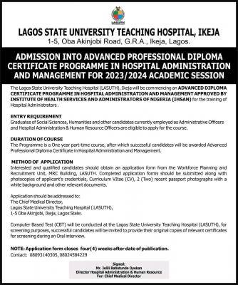 LASUTH admission into Advanced Professional Diploma in Hospital Administration & Management, 2023/2024