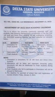 DELSU notice on adjustments of 2023/2024 academic calendar