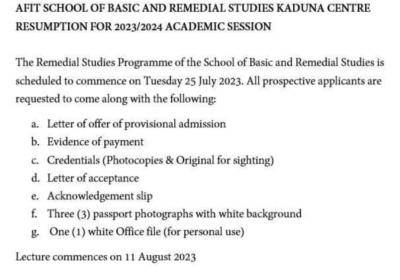 AFIT School of Basic & Remedial Studies notice of resumption, 2023/2024