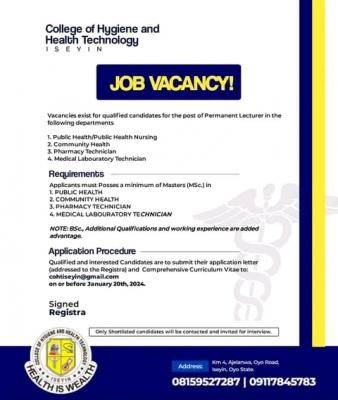 College of Hygiene & Health Tech. Iseyin announces job vacancies