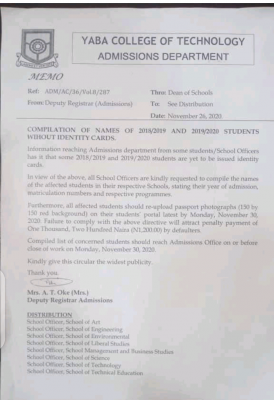 YABATECH notice to students without ID cards