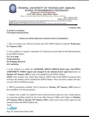 FUT Babura Dept. of Civil Engineering notice on SIWES defense & documents submission