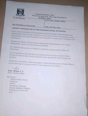 Federal Poly Bida Prohibits Unauthorized Social Activities on Campus