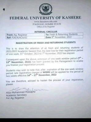 FUKashere notice on registration for fresh & returning students, 2021/2022