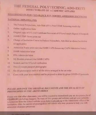 Fed Poly Ado-Ekiti ND clearance requirements for 2020/2021 admission