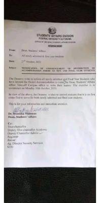 FUDutsin-Ma notice to new & final year students on distribution of accommodation forms