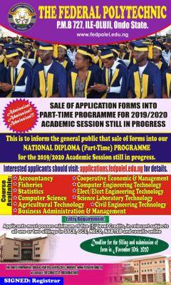 Fed Poly Ile Oluji ND part-time admission for 2019/2020 session