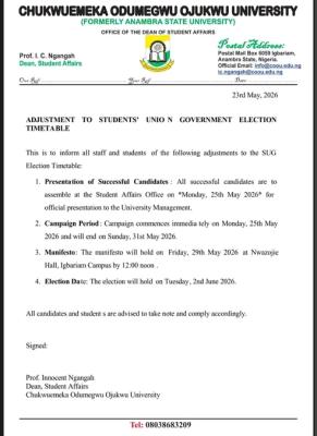 COOU Adjusts Students’ Union Government Election Timetable