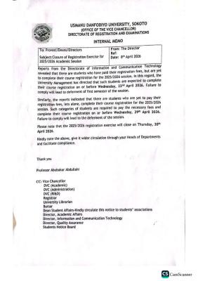 UDUS notice on Course Registration exercise, 2025/26 session