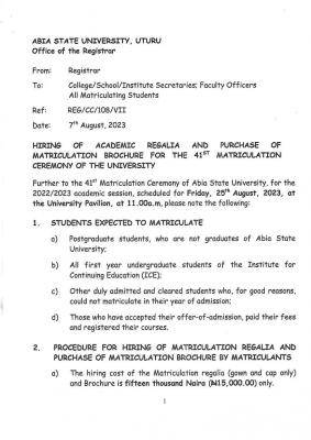 ABSU notice to all matriculating students
