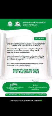 FUNAAB SUG notice on extension of payment deadline for newly admitted students