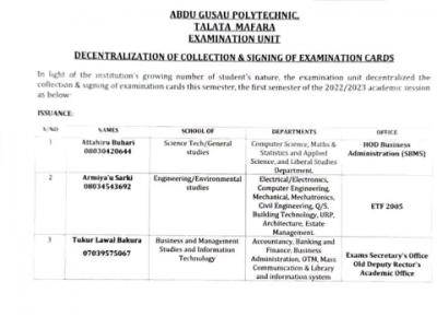 Abdu Gusau Polytechnic notice on collection of examination cards