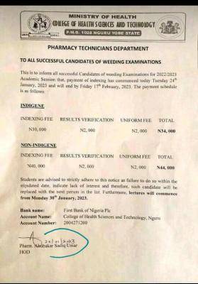 College of Health Sciences and Tech, Nguru notice to newly admitted pharmacy Technician students