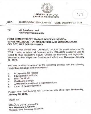 UNIUYO notice of screening/registration & commencement of lectures for freshmen, 2024/2025