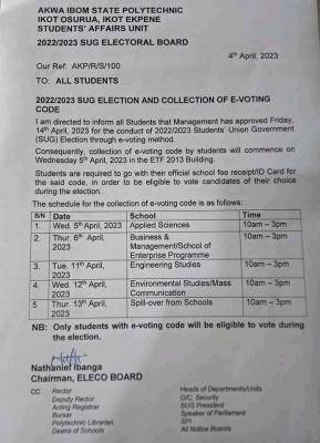 Akwa Ibom Poly notice on SUG election and collection of e-voting code, 2022/2023