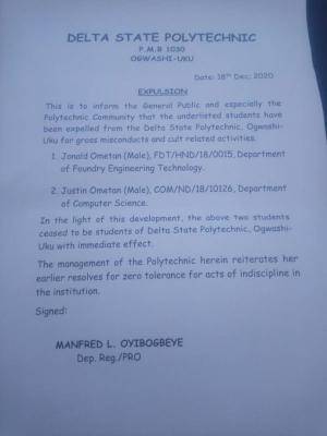 Delta Poly Ogwashi-Uku expels students for misconduct