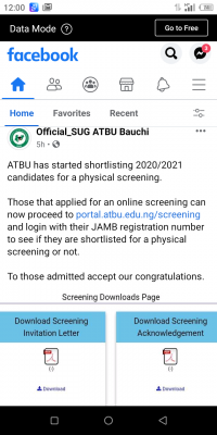 ATBU physical screening notice for 2020/2021 session