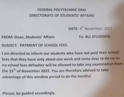 Fed Poly, Oko payment of school fees deadline