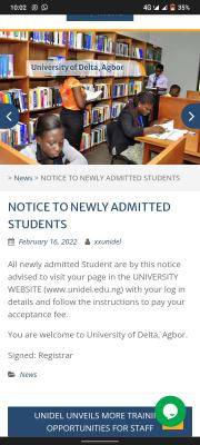 UNIDEL notice to newly admitted candidates
