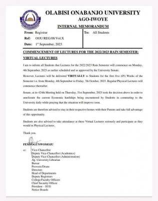 OOU notice on commencement of virtual lectures for rain semester, 2022/2023