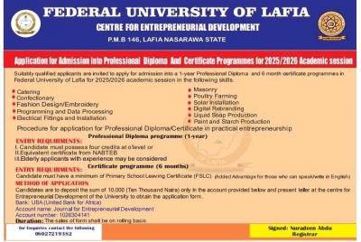 FULAFIA Admission into Professional Diploma And Certificate Programmes, 2025/2026