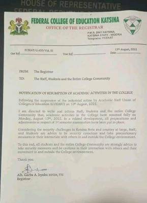 FCE Katsina notice on resumption of academic activities