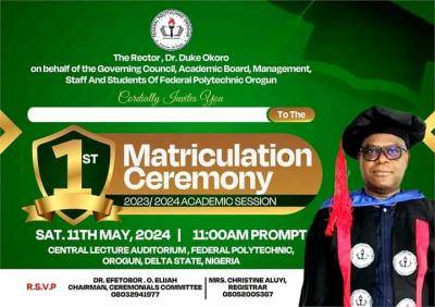 Fed Poly Orogun announces 1st matriculation ceremony, 2023/2024