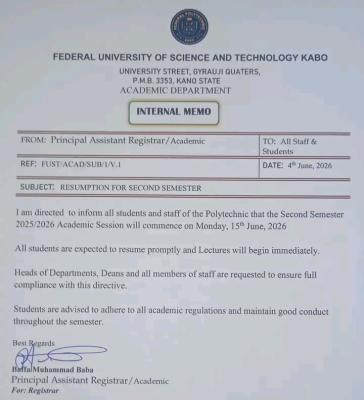 Federal University of Science & Tech. Kabo announces resumption for second semester, 2025/2026
