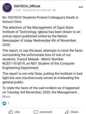 OGITECH debunks rumour surrounding the unfortunate loss of a student