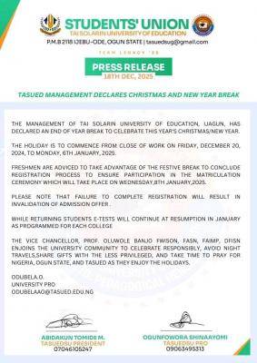 TASUED announces new year break and issue notice to all students