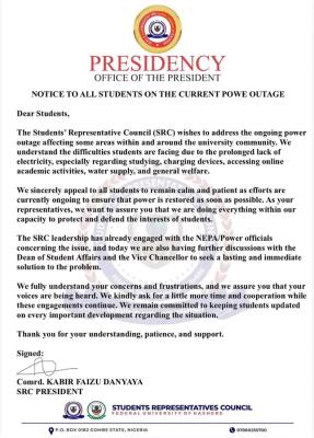 FUKashere SRC addresses students on current power outage