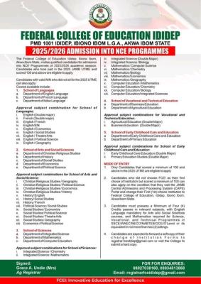 Federal College of Education Ididep Opens Admission for 2025/2026 NCE Programmes