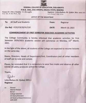FCE Eha-amufu notice on commencement of 1st semester, 2020/2021 session