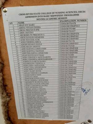 Cross River State College of Nursing Sciences and Midwifery, Obudu Basic Midwifery admission list, 2023/2024