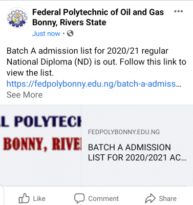 Federal Polytechnic of Oil and Gas, Bonny Batch A ND admission list, 2020/2021