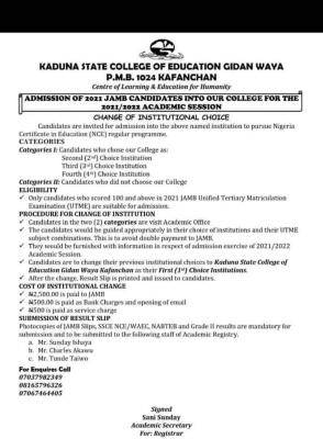 Kaduna College of Education announces NCE admission, 2021/2022