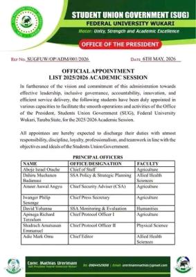 FUWUKARI SUG announces new appointments, 2025/2026