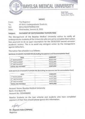 Bayelsa University notice to students on payment of outstanding fees