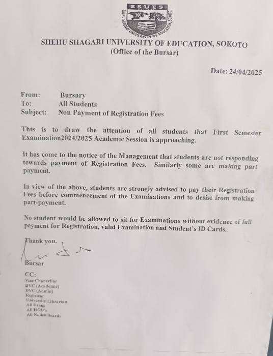 Shehu Shagari University Of Education, Sokoto notice on non payment of registration fees