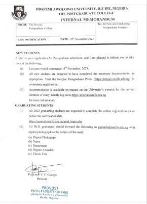 OAU Postgraduate College notice to new & returning Postgraduate students