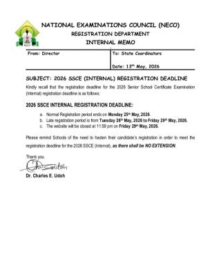 NECO sets final deadlines for 2026 SSCE internal registration
